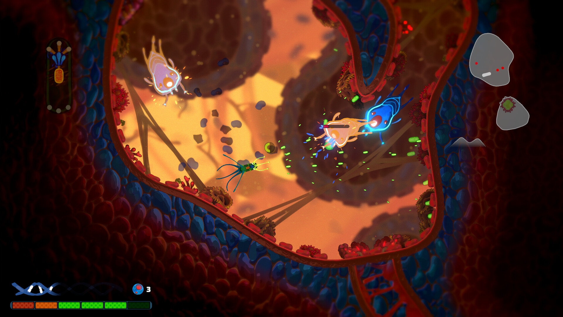 Pathogenic gameplay screenshot showing a parasite fighting immune cells inside the human body